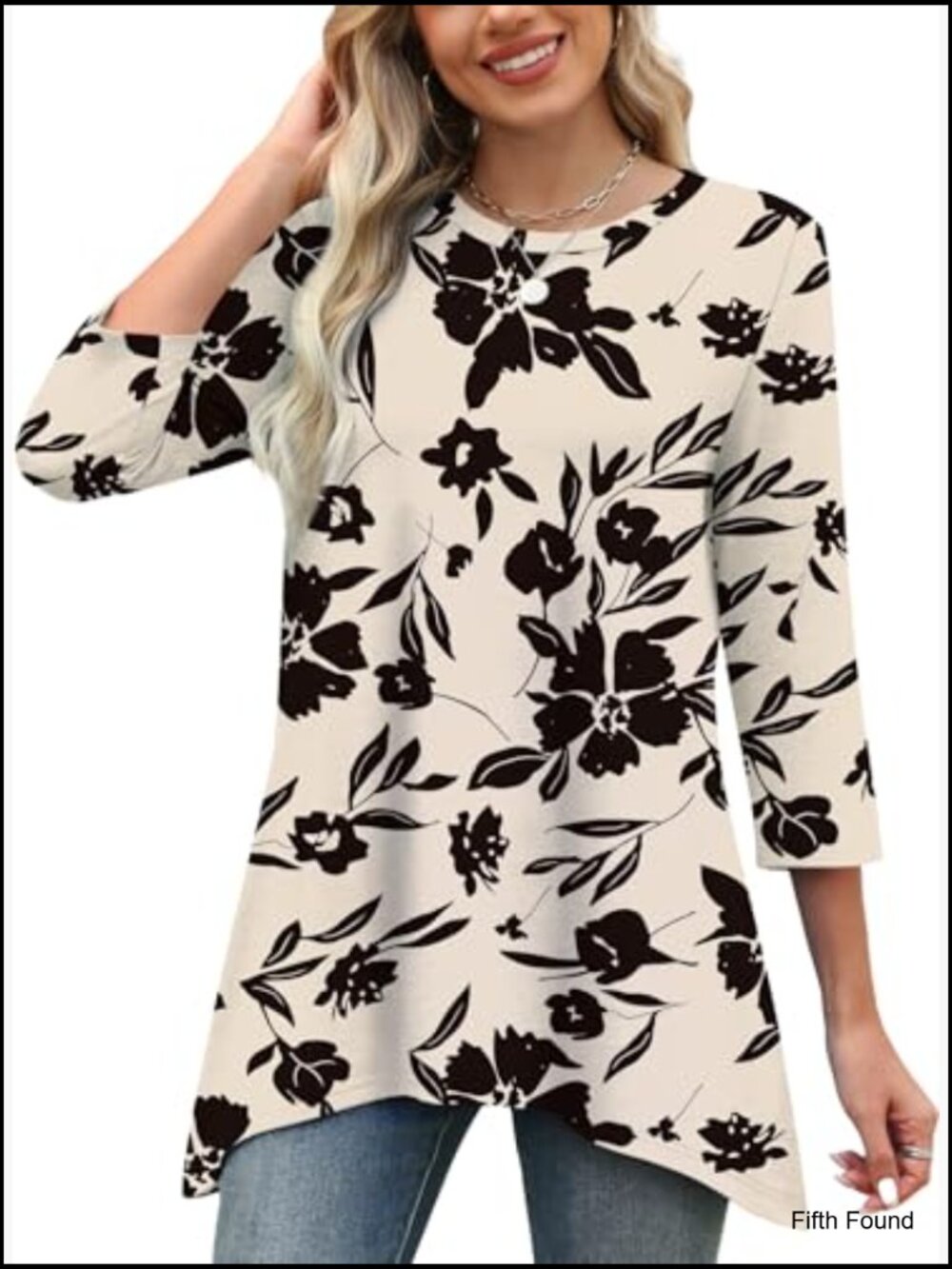 Loose Fit Tunic Top with 3/4 Sleeves Asymmetrical Hem Flowy Dressy Blouse S-4XL - Picture 2 of 7